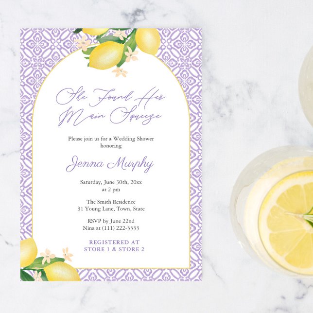 Invitation Arch Lemons Lilac Main Squeeze Bridal Shower Party (Lemons Lavender Modern arch she found her main squeeze bridal shower invitation with QR code)