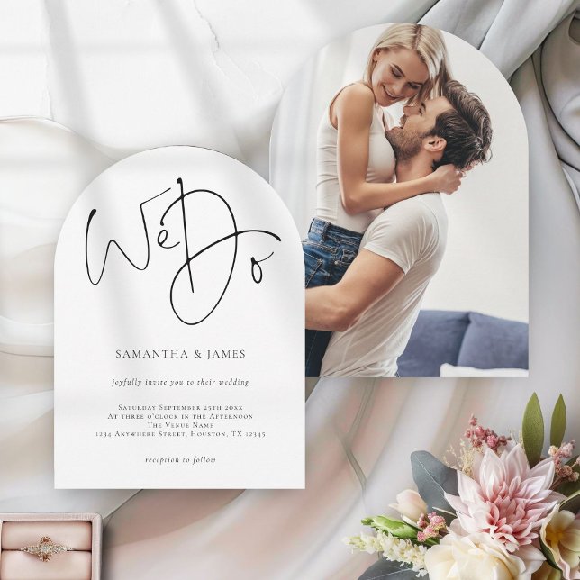 Invitation Arch Mariage photo moderne We Do Script (Front and back view)