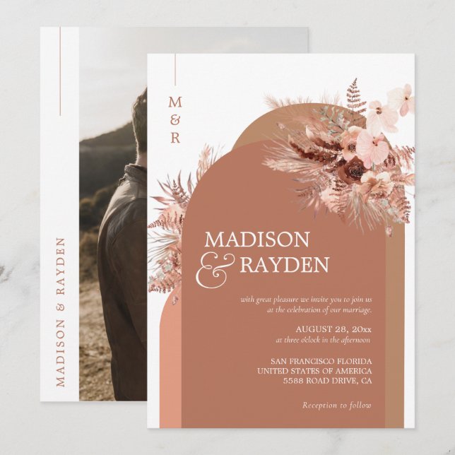 Invitation Arch moderne Boho Pampas Grass Terracotta Mariage (Devant / Derrière)