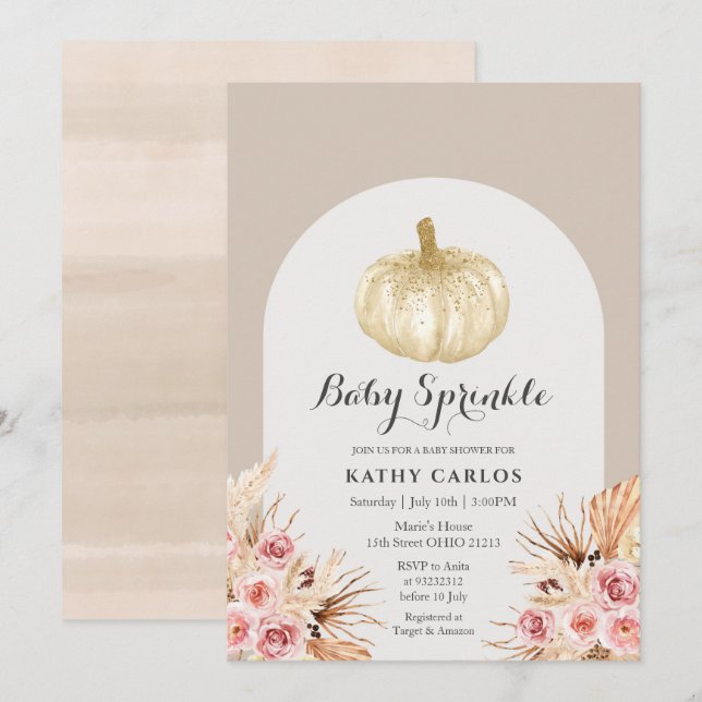 Invitation Arch Pampas Grass White Pumpkin Baby Sprinkle  (Devant / Derrière)