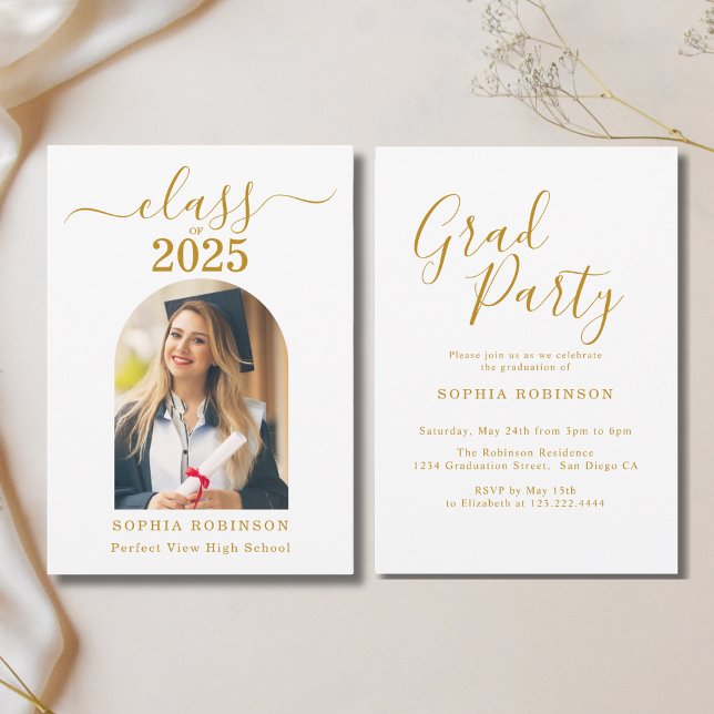 Invitation Arch Photo Elegant Gold Script Graduation Party (Créateur téléchargé)