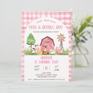 Invitation Arch Pink Plaid Farm Oink Baa Moo 2e anniversaire
