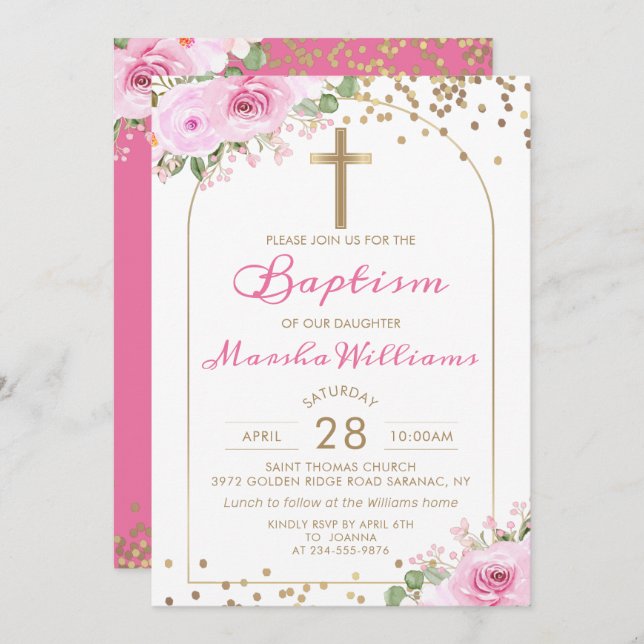 Invitation Arch rose Floral Parties scintillant or fille Bapt (Devant / Derrière)