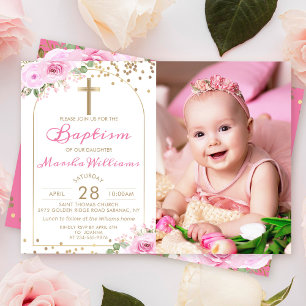 Invitation Arch rose floral Parties scintillant or fille Bapt
