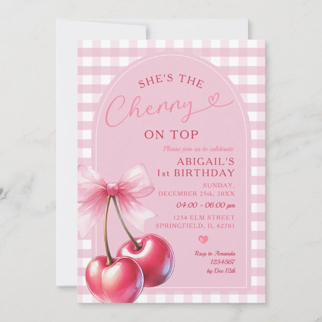 Invitation Arch She's Cherry on Top En vichy Rose Birthday Bo (Devant)