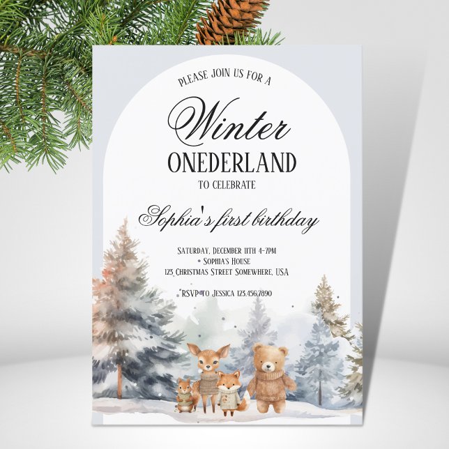 Invitation Arch Winter Onederland Anniversaire Pine Bois (Créateur téléchargé)