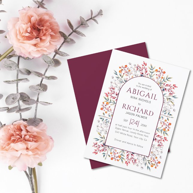 Invitation Arche avec feuilles et baies mariage bordeaux (Créateur téléchargé)