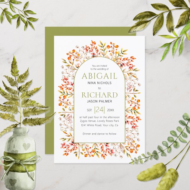 Invitation Arche avec feuilles et baies mariage vert olive (Créateur téléchargé)