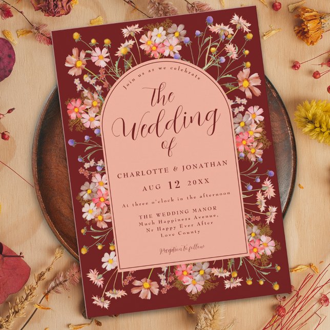 Invitation Arche Bohème Fleur Sauvage Terracotta Foncé Mariag (Wildflower boho arch darling terracotta burnt orange fall wedding invitation with elegant script)