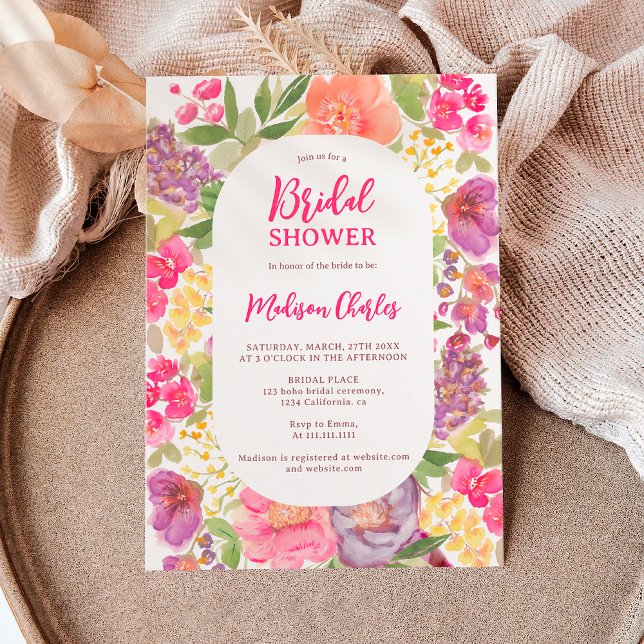Invitation Arche bohème florale brillant douche nuptiale (Bohemian bright floral arch script bridal shower invitation)