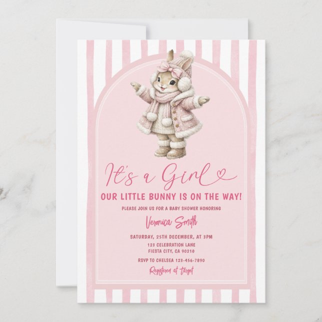 Invitation Arche Boho Mignon Lapin arc-en-ciel rose Baby Show (Devant)