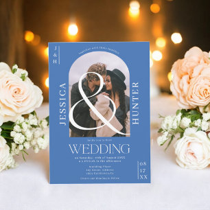 Invitation Arche boho moderne 2 photos mariage rétro bleu