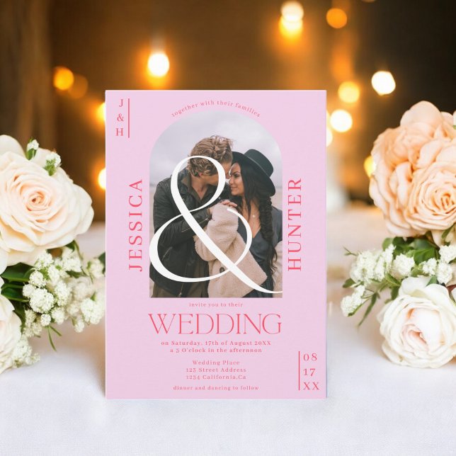 Invitation Arche boho moderne 2 photos mariage retro rose (Modern boho arch 2 photos wedding retro pink invitation)