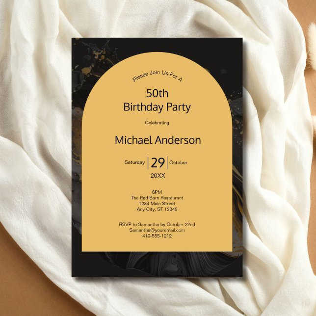 Invitation Arche d'aquarelle en or noir 50e anniversaire pour (Black Gold Watercolor Arch Modern 50th Birthday invitation for him. Editable for any year)