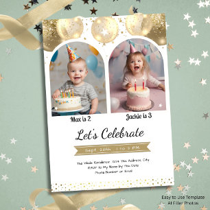 Invitation Arche de ballons dorés pour double anniversaire po