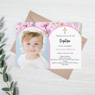 Invitation Arche de fleurs roses photo fille baptême