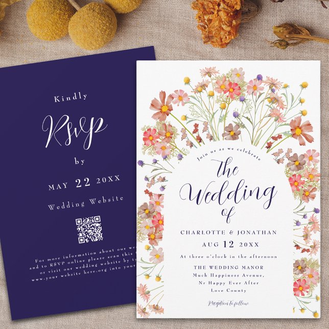 Invitation Arche de fleurs sauvages bohème bleu marine blanc  (Boho rustic wildflower floral arch fall navy blue and with wedding invitation With rsvp qr code)