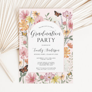 Invitation Arche de fleurs sauvages papillon rose pour fête d