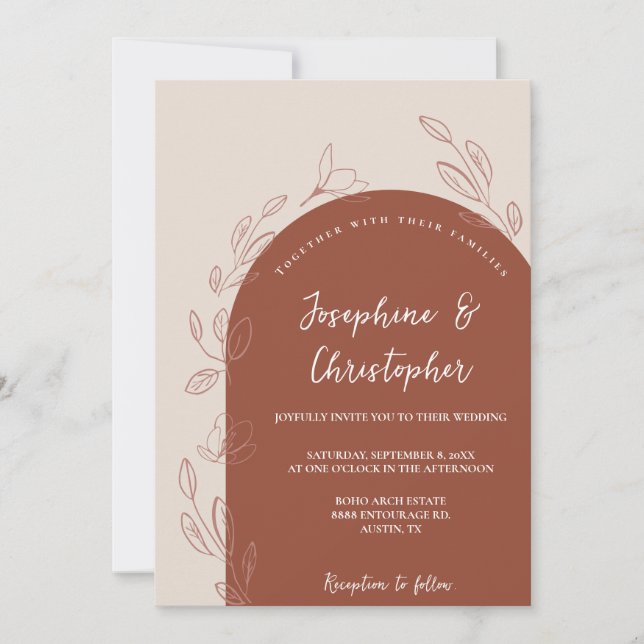 Invitation Arche de mariage florale moderne en terre cuite or (Devant)