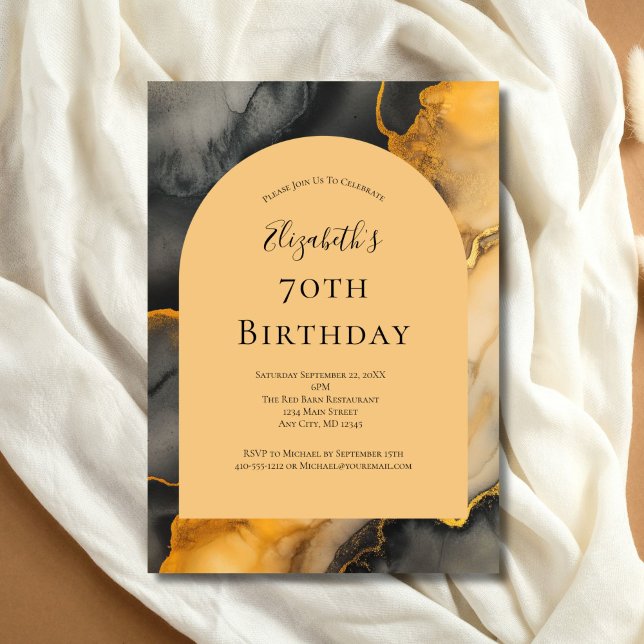 Invitation Arche d'encre d'alcool d'or noir 70e anniversaire  (Black Gold Alcohol Ink 70th birthday ( or any year ) arch invitation. Printed or Digital)