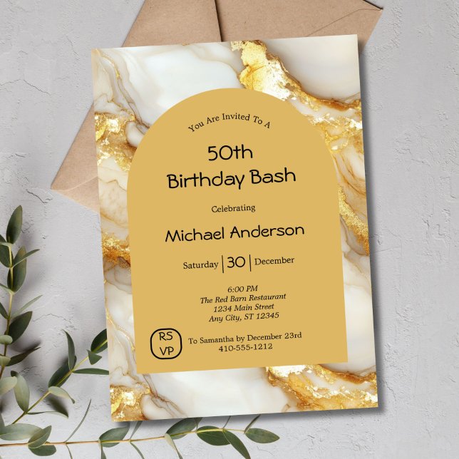 Invitation Arche en marbre noir blanc or 50e anniversaire Lui (Gold White Marble Modern Arch 50th Birthday invitation for him or her)