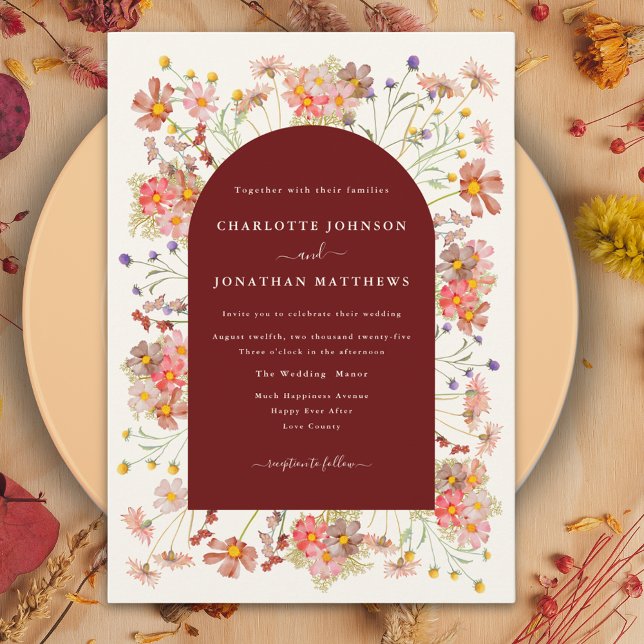 Invitation Arche en terre cuite de mariage d'automne aux fleu (Terracotta burnt orange coral boho wildflower fall wedding invitation )