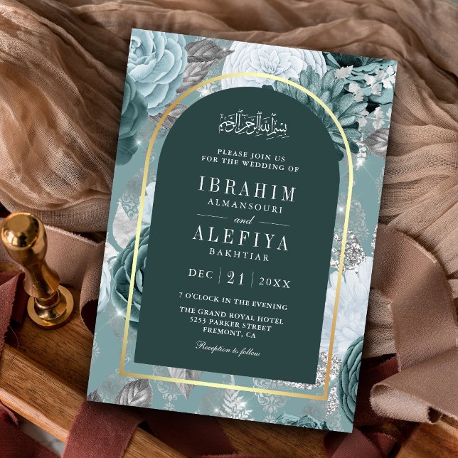 Invitation Arche fleurie Turquoise foncée Mariage musulman (Créateur téléchargé)