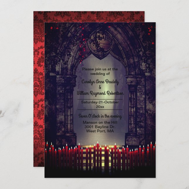 Invitation Arche gothique avec Mariage de bougies rouges (Devant / Derrière)