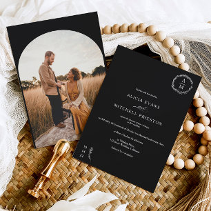 Invitation Arche mariage classique en monogramme noir floral