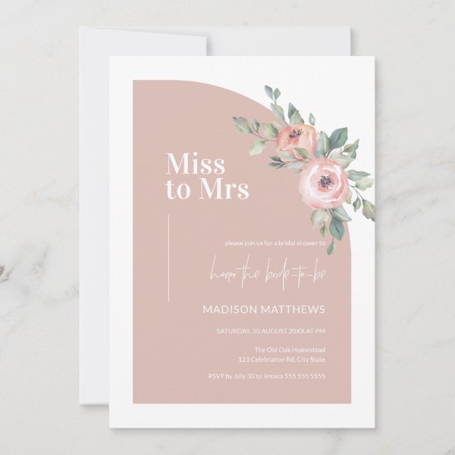 Invitation Arche minuscule rose floral Mlle à Mme Fête des ma (Devant)