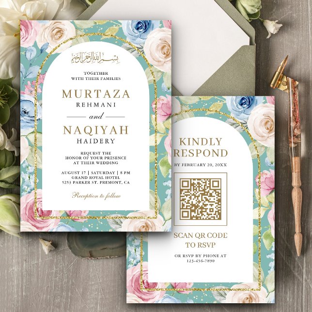 Invitation Arche or floral doux QR Code Mint Mariage musulman (Créateur téléchargé)