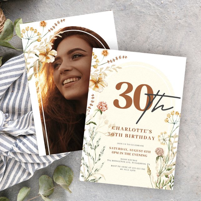 Invitation Arche photo Fleur sauvage de Bohême 30e anniversai (Créateur téléchargé)