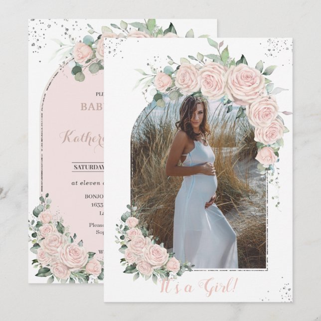 Invitation Arche photo Pastel Rose Floral Baby shower Argent (Devant / Derrière)