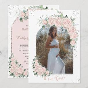 Invitation Arche photo Pastel Rose Floral Baby shower Argent