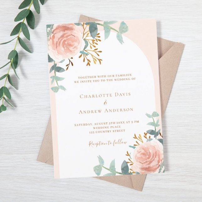 Invitation Arche rose or fleurie verdure mariage (Créateur téléchargé)
