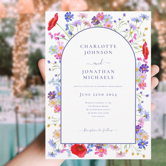 Invitation Arche violette Fleur sauvage moderne (Modern colorful wildflower arch wedding invitation elegant purple typography watercolor floral)
