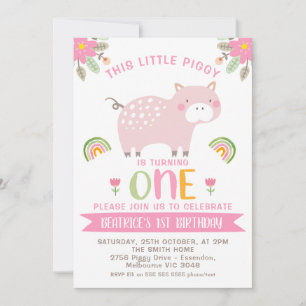 Invitation Arcs-en-ciel rose fleuris Little Piggy 1er anniver
