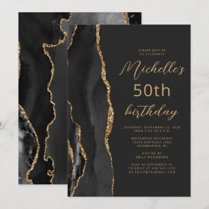 Invitation Ardoise Agate Or Noir Écriture 50e Anniversaire