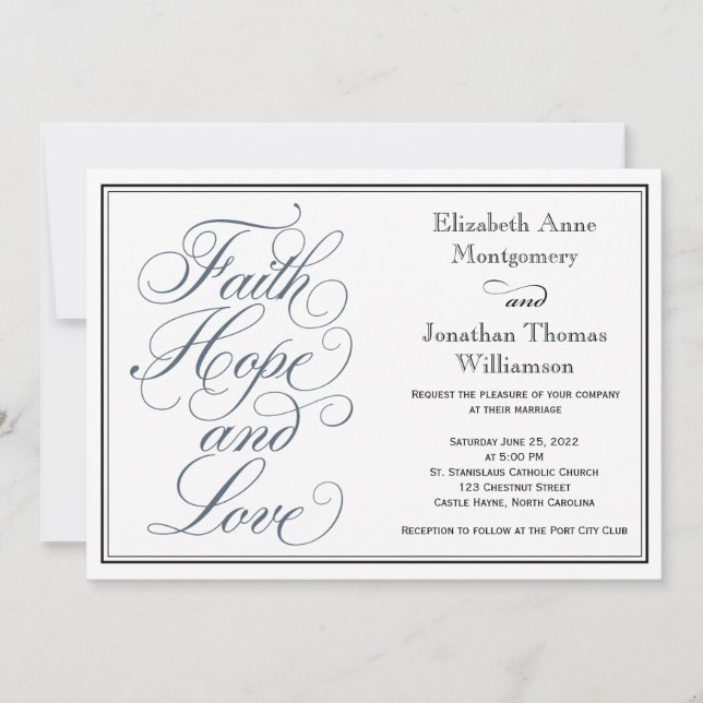 Invitation Ardoise Bleu Script Faith Hope & Love Mariage (Devant)