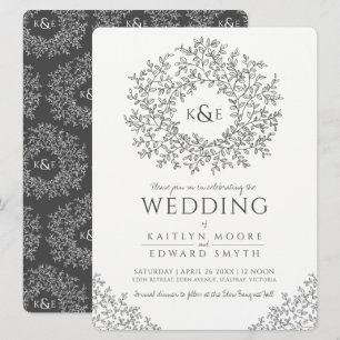 Invitation Ardoise circulaire feuille mariage gris foncé et b