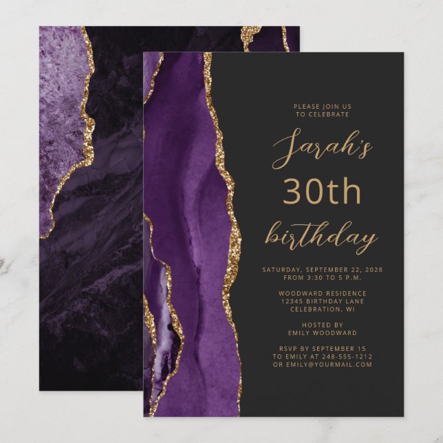 Invitation Ardoise d'agate d'or violet Script 30e anniversair (Devant / Derrière)