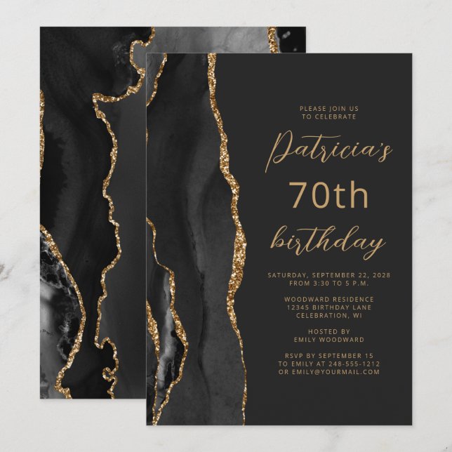 Invitation Ardoise dorée noire Script 70e anniversaire (Devant / Derrière)