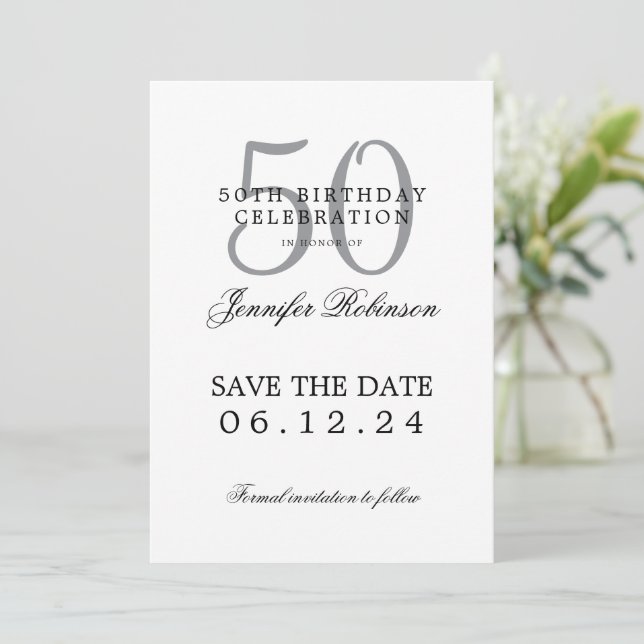 Invitation Argent 50e anniversaire Enregistrer la date (Debout devant)