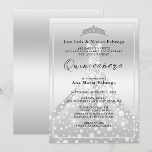 Invitation Argent Ball Gown & Tiara Quinceañera Anniversaire