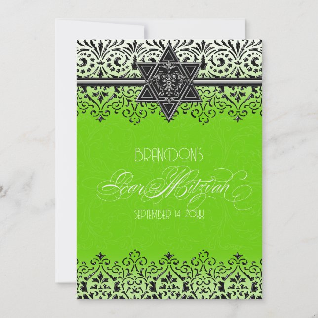 Invitation Argent Bar Mitzvah Vert noir et blanc dentelle (Devant)
