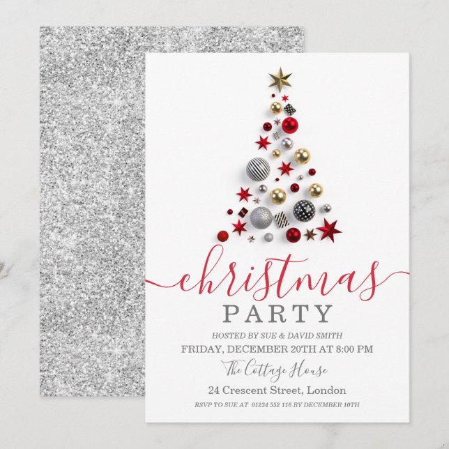 Invitation Argent Bauble Tree Parties scintillant de Noël (Devant / Derrière)
