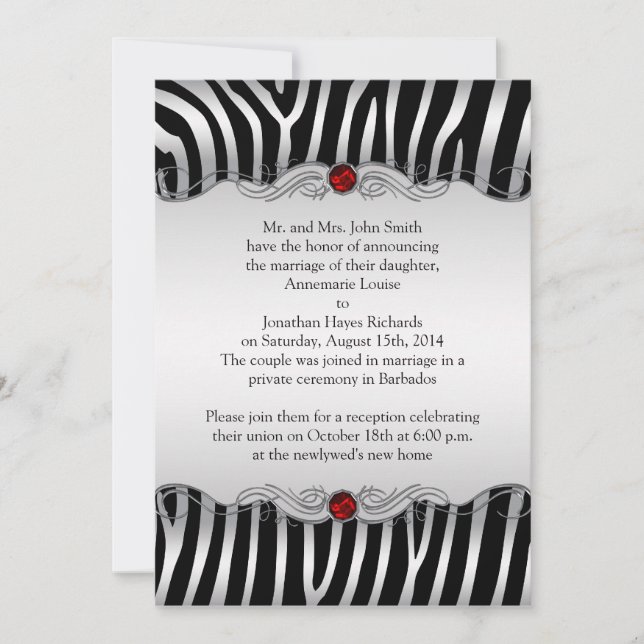 Invitation Argent Black Zebra Red Jewel Post Mariage Invitati (Devant)