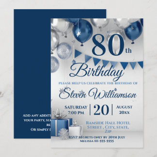 Invitation Argent bleu 80e anniversaire