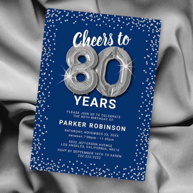 Invitation Argent bleu 80e anniversaire (Créateur téléchargé)
