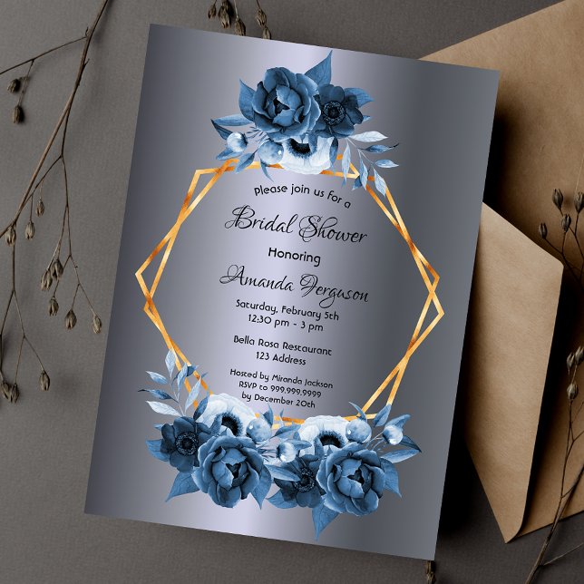 Invitation Argent bleu bleu floral or douche nuptiale (Créateur téléchargé)